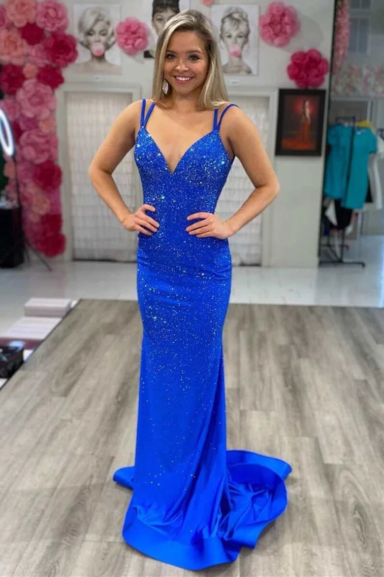 Vestido de fiesta de sirena con escote en V, espalda descubierta y cola, con tirantes finos y cuentas